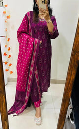 Designer Rich Azrak Cotton Kurti Pant Dupatta Set