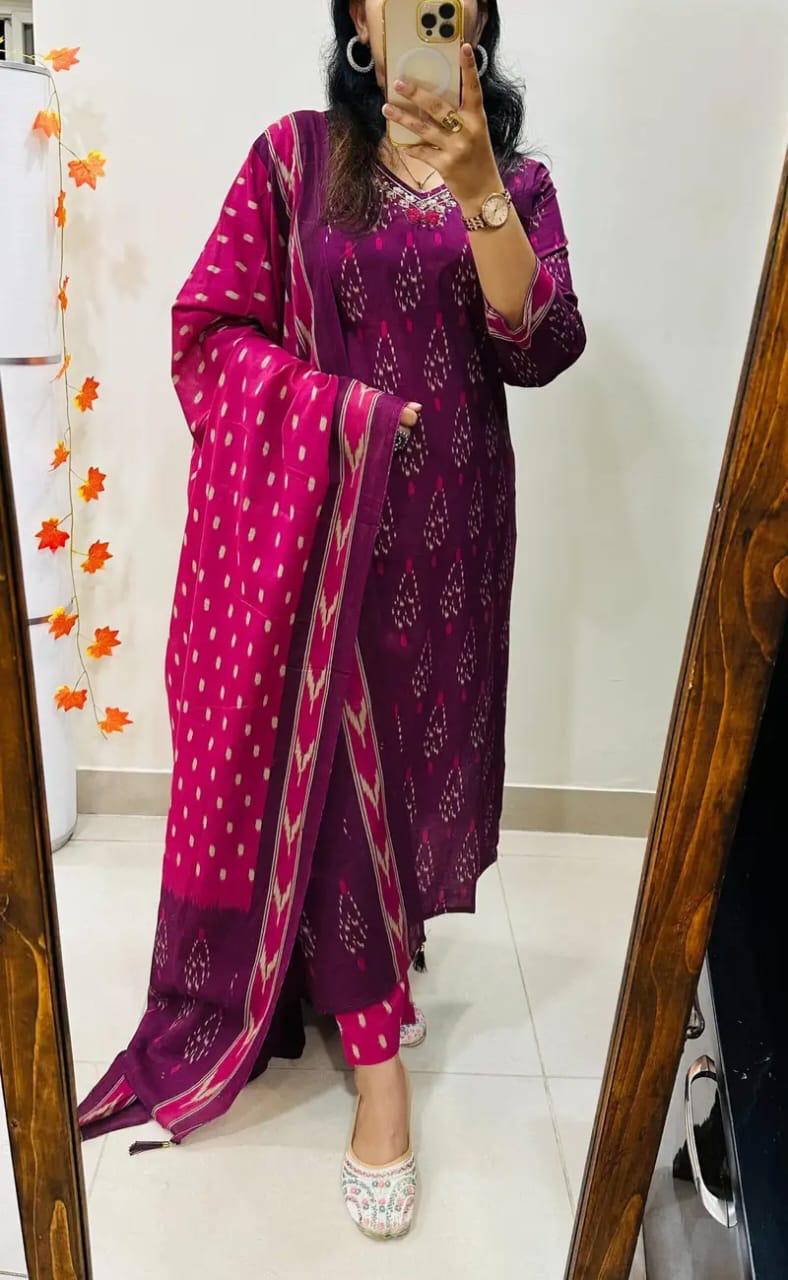 Designer Rich Azrak Cotton Kurti Pant Dupatta Set