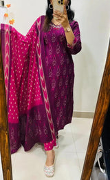 Designer Rich Azrak Cotton Kurti Pant Dupatta Set