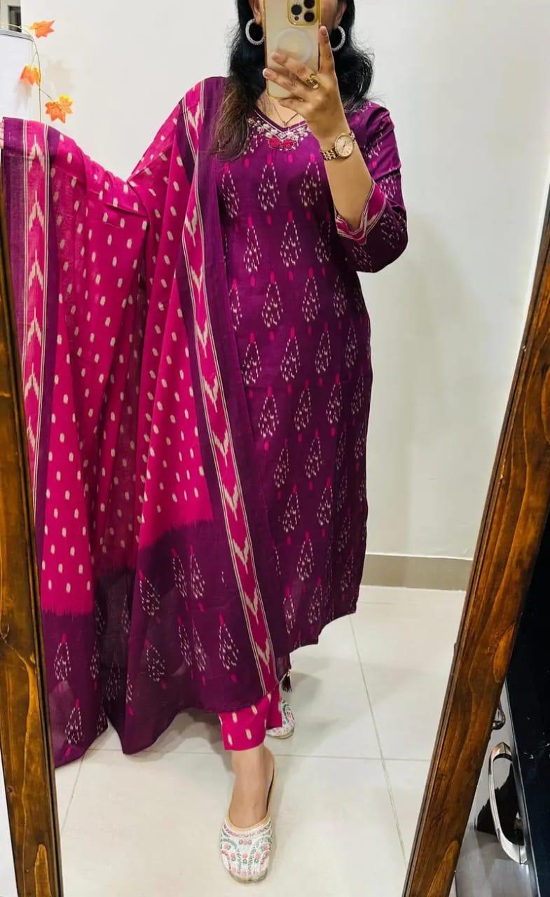 Designer Rich Azrak Cotton Kurti Pant Dupatta Set