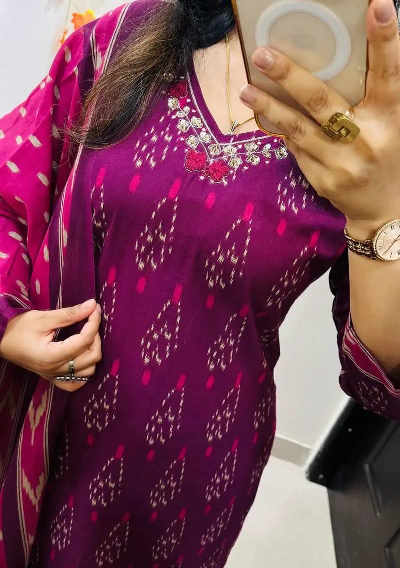 Designer Rich Azrak Cotton Kurti Pant Dupatta Set