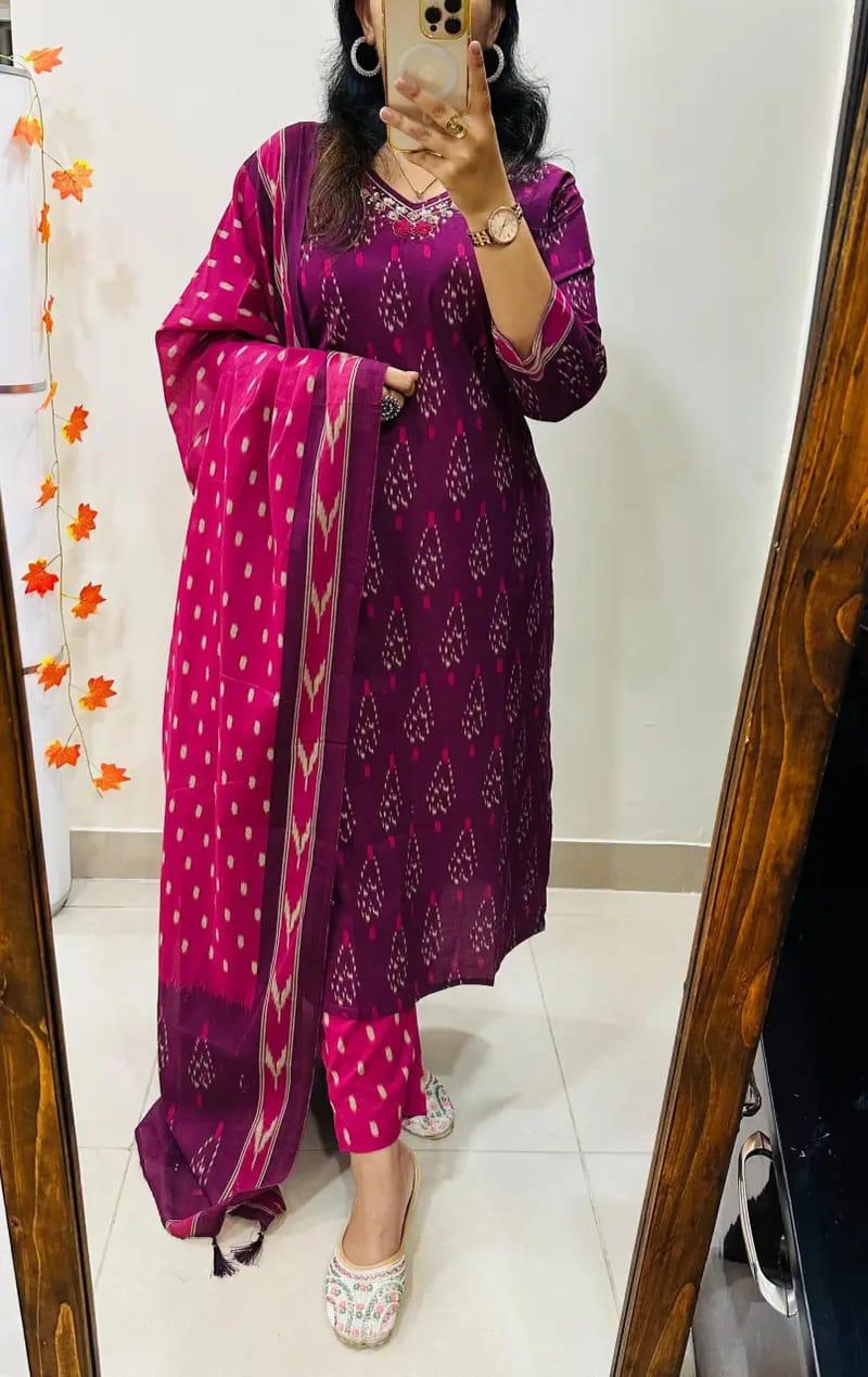 Designer Rich Azrak Cotton Kurti Pant Dupatta Set