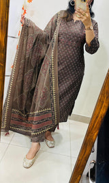 Premium Fine Cotton  Embroidery Work on Yoke Azrak Suit Set