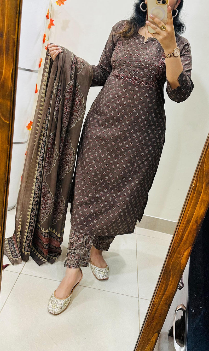 Premium Fine Cotton  Embroidery Work on Yoke Azrak Suit Set