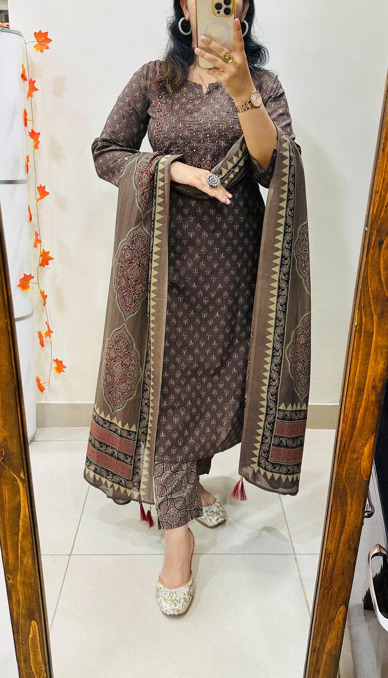 Premium Fine Cotton  Embroidery Work on Yoke Azrak Suit Set