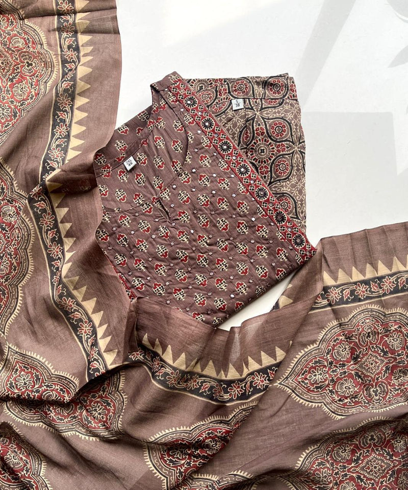 Premium Fine Cotton  Embroidery Work on Yoke Azrak Suit Set