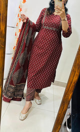 Premium Fine Cotton  Embroidery Work on Yoke Azrak Suit Set