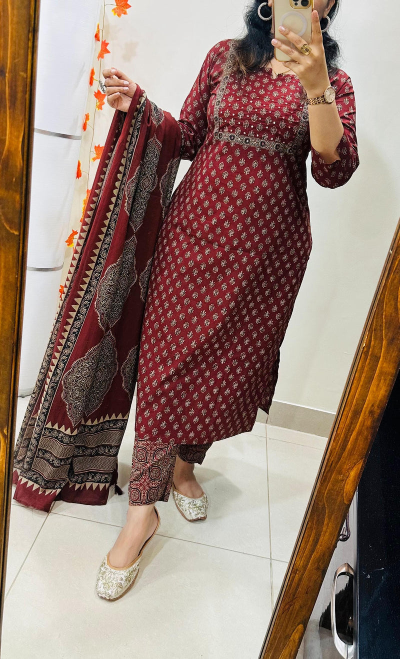 Premium Fine Cotton  Embroidery Work on Yoke Azrak Suit Set