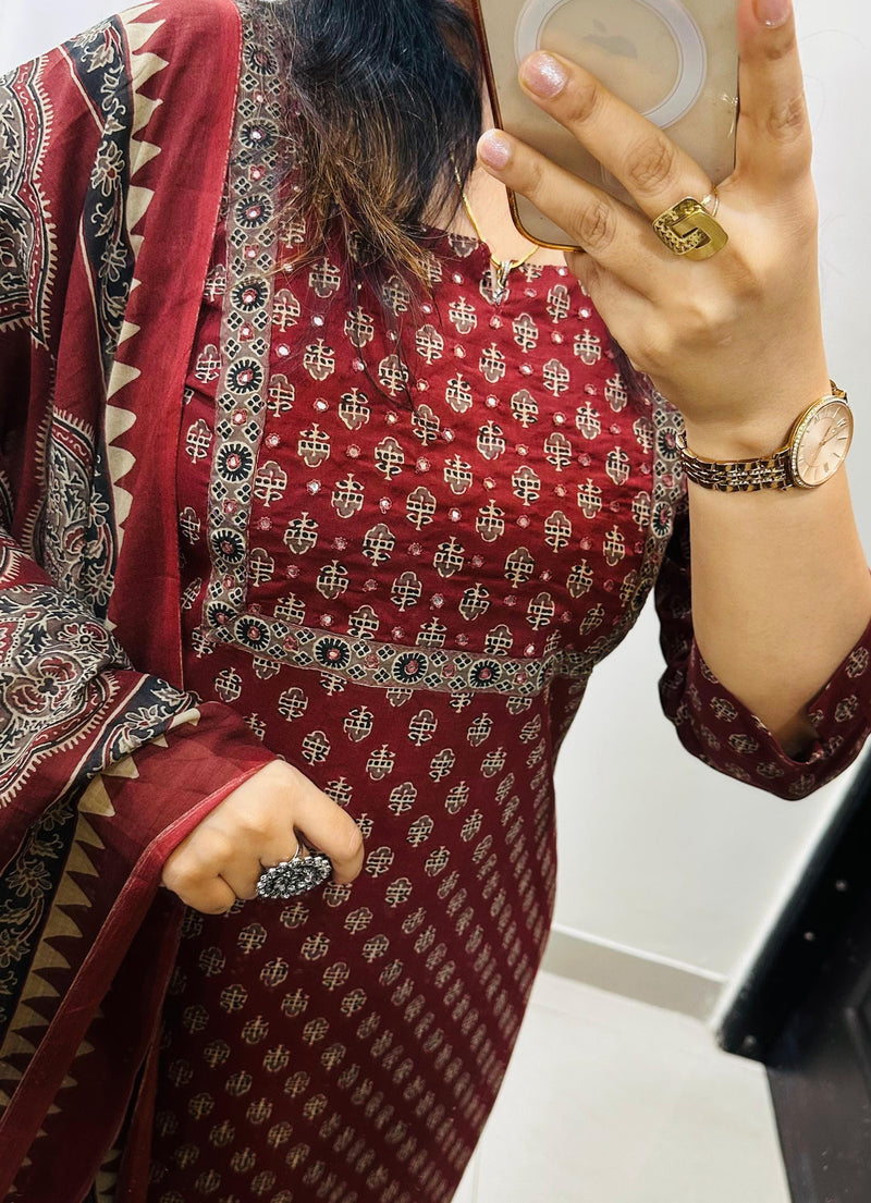 Premium Fine Cotton  Embroidery Work on Yoke Azrak Suit Set