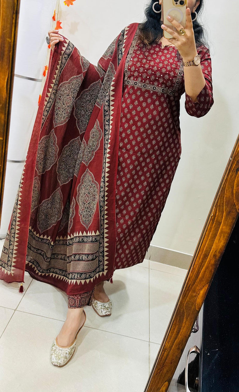 Premium Fine Cotton  Embroidery Work on Yoke Azrak Suit Set