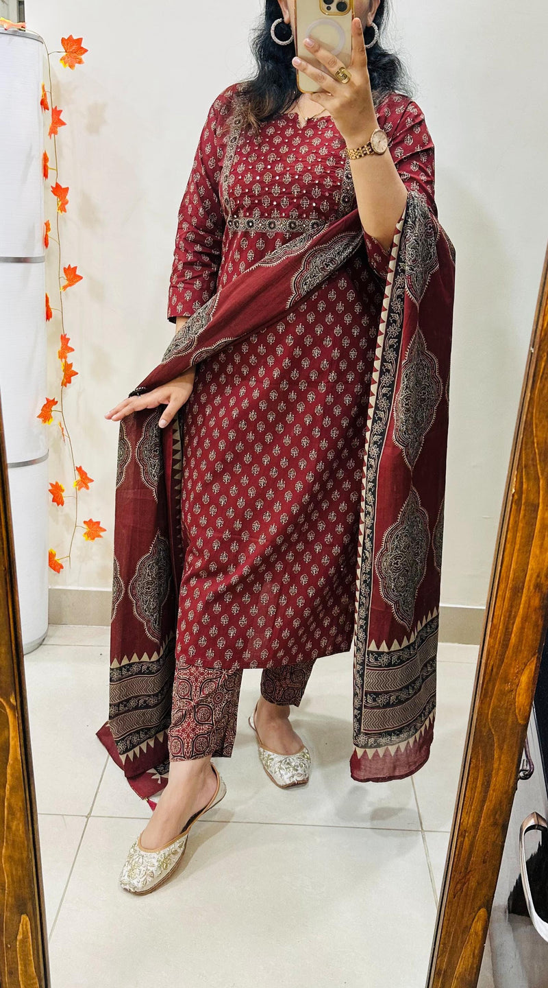 Premium Fine Cotton  Embroidery Work on Yoke Azrak Suit Set
