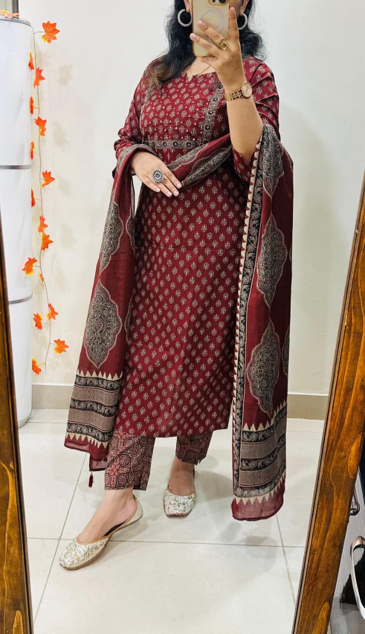 Premium Fine Cotton  Embroidery Work on Yoke Azrak Suit Set