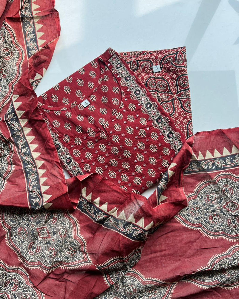 Premium Fine Cotton  Embroidery Work on Yoke Azrak Suit Set
