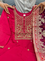 Banana Silk with Pure Cotton Lining Exquisite Anarkali Flared Kurti Pant Dupatta Set