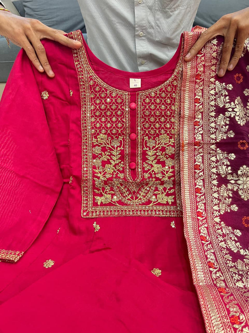 Banana Silk with Pure Cotton Lining Exquisite Anarkali Flared Kurti Pant Dupatta Set