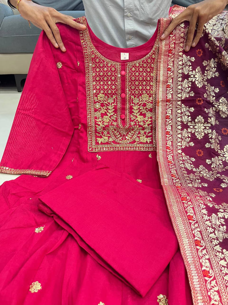 Banana Silk with Pure Cotton Lining Exquisite Anarkali Flared Kurti Pant Dupatta Set