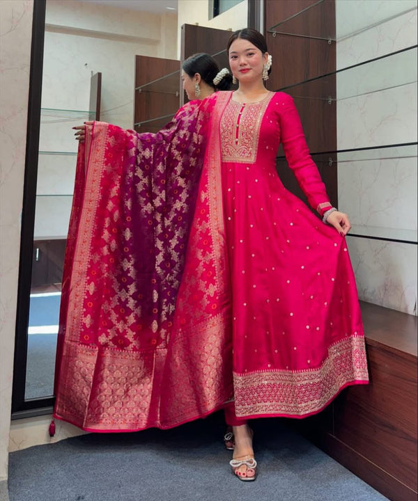 Banana Silk with Pure Cotton Lining Exquisite Anarkali Flared Kurti Pant Dupatta Set