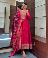 Banana Silk with Pure Cotton Lining Exquisite Anarkali Flared Kurti Pant Dupatta Set