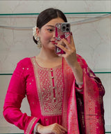 Banana Silk with Pure Cotton Lining Exquisite Anarkali Flared Kurti Pant Dupatta Set