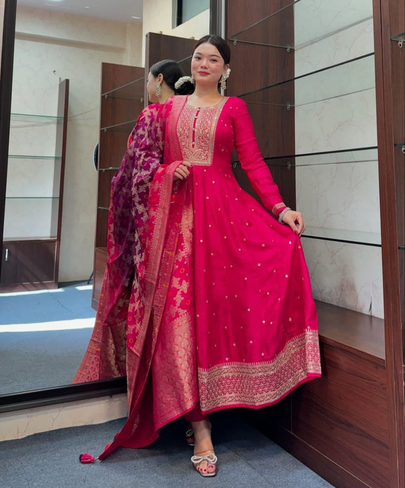 Banana Silk with Pure Cotton Lining Exquisite Anarkali Flared Kurti Pant Dupatta Set