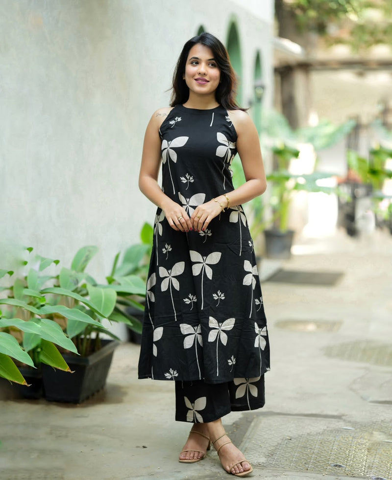 trendy A-line pattern with cut sleeves Premium Floral Fine Cotton Co-ord Set
