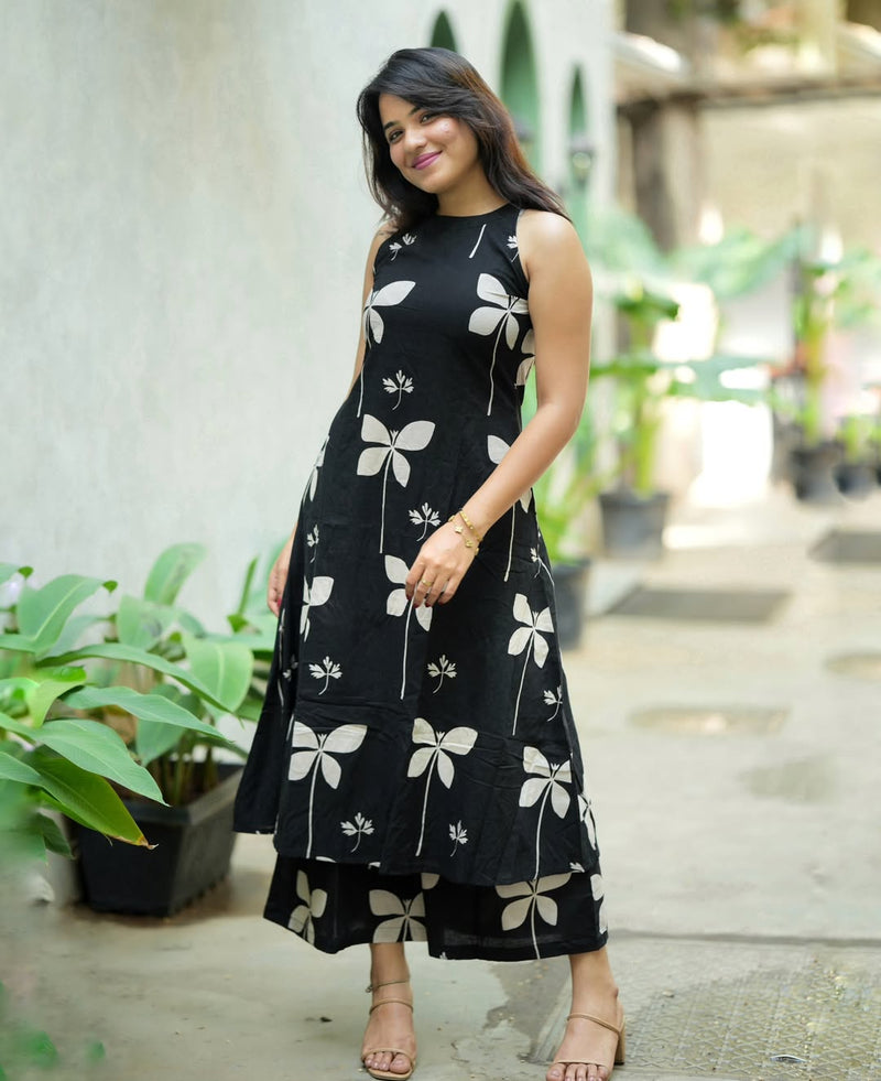trendy A-line pattern with cut sleeves Premium Floral Fine Cotton Co-ord Set