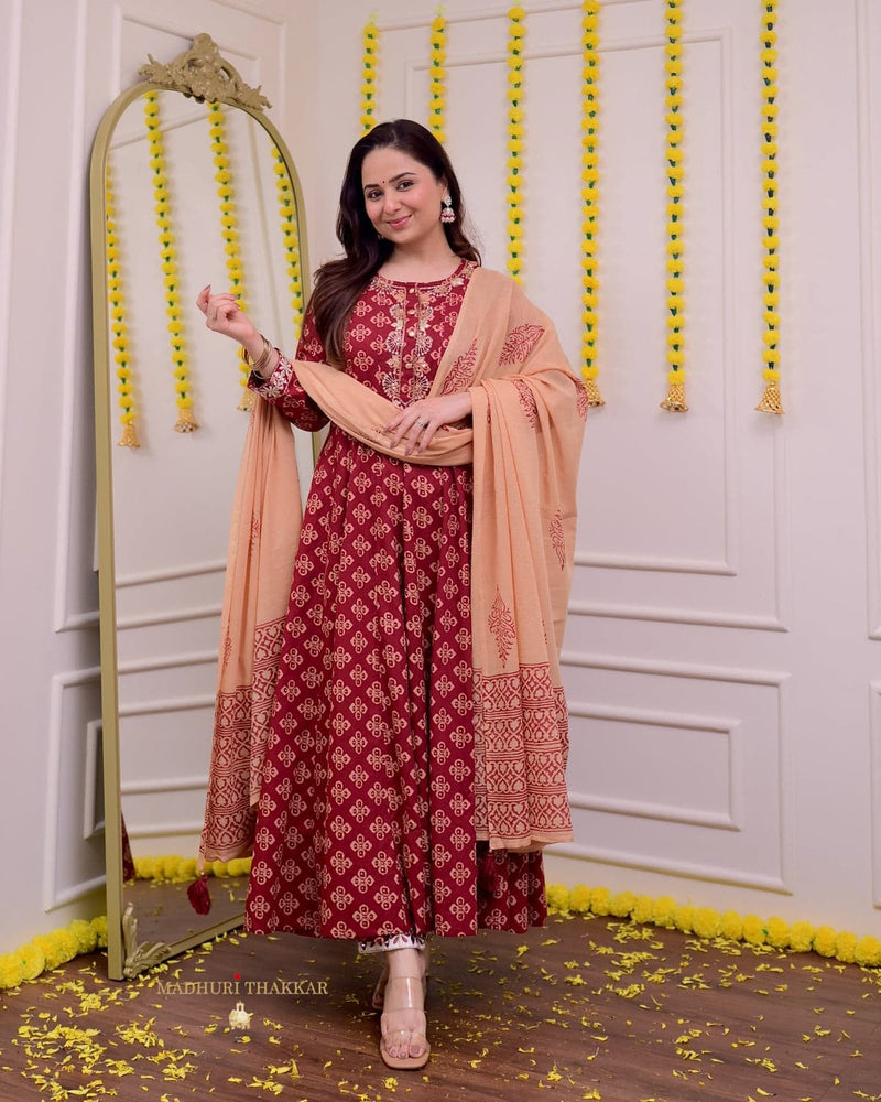 Pure Cotton  exclusive A-Line kurti pant dupatta set