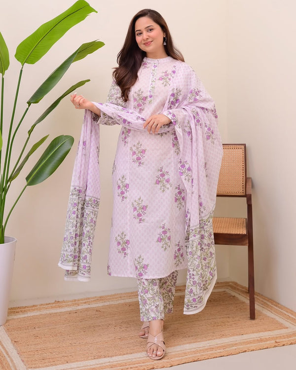beautiful printed cotton Kurti Pant with Malmal Dupatta set
