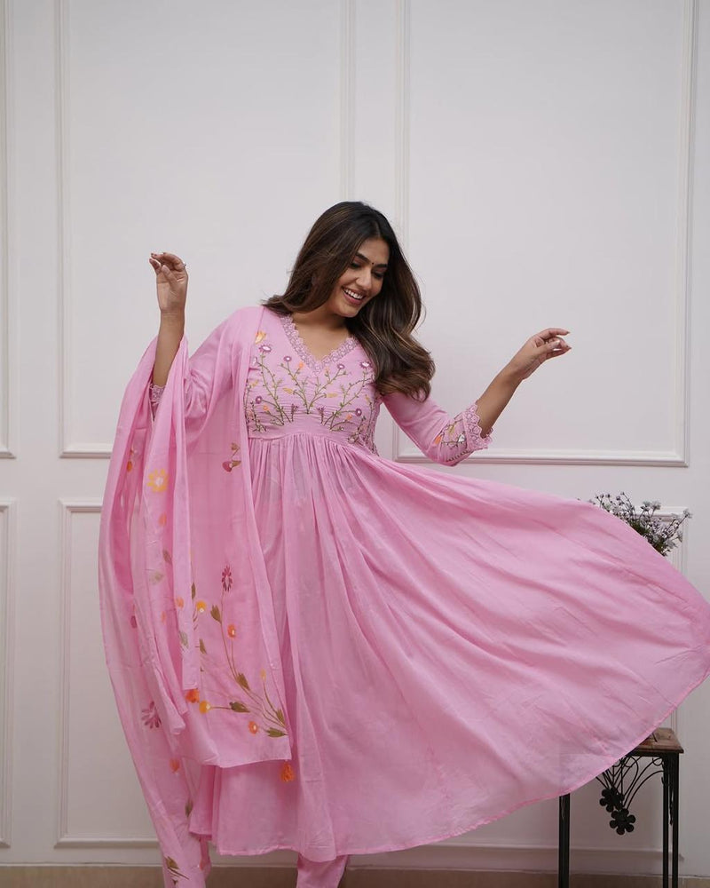 Premium Cotton Straight Fit with Embroidered Neckline kurti pant dupatta set
