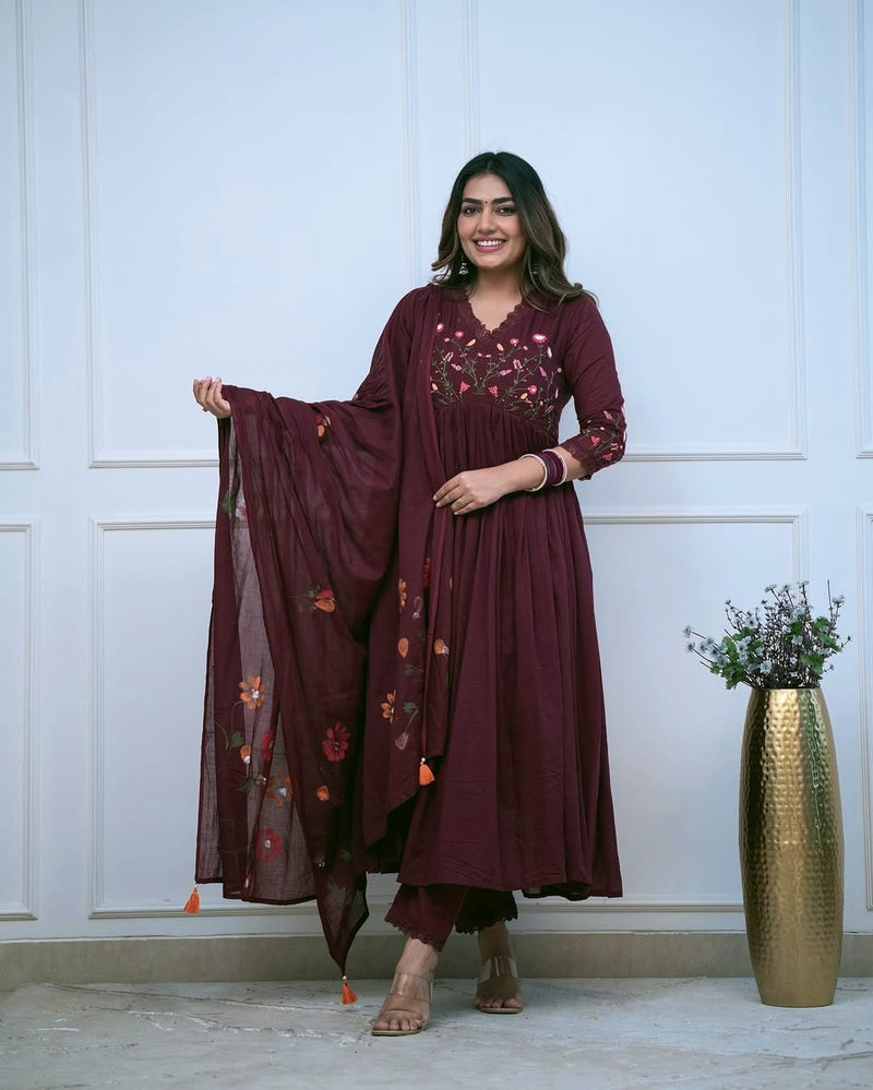 Premium Cotton Straight Fit with Embroidered Neckline kurti pant dupatta set