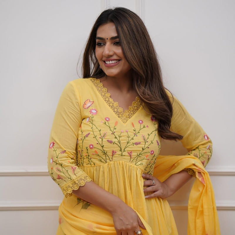 Premium Cotton Straight Fit with Embroidered Neckline kurti pant dupatta set