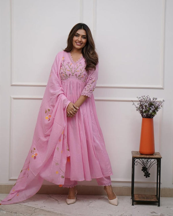 Premium Cotton Straight Fit with Embroidered Neckline kurti pant dupatta set