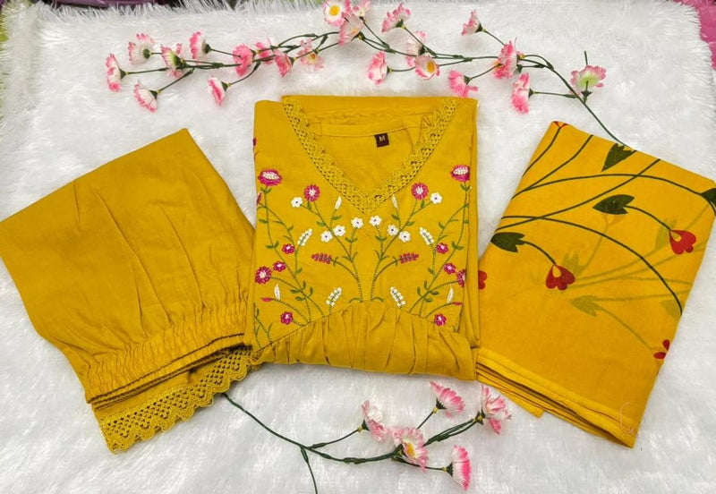 Premium Cotton Straight Fit with Embroidered Neckline kurti pant dupatta set