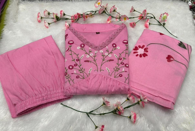 Premium Cotton Straight Fit with Embroidered Neckline kurti pant dupatta set