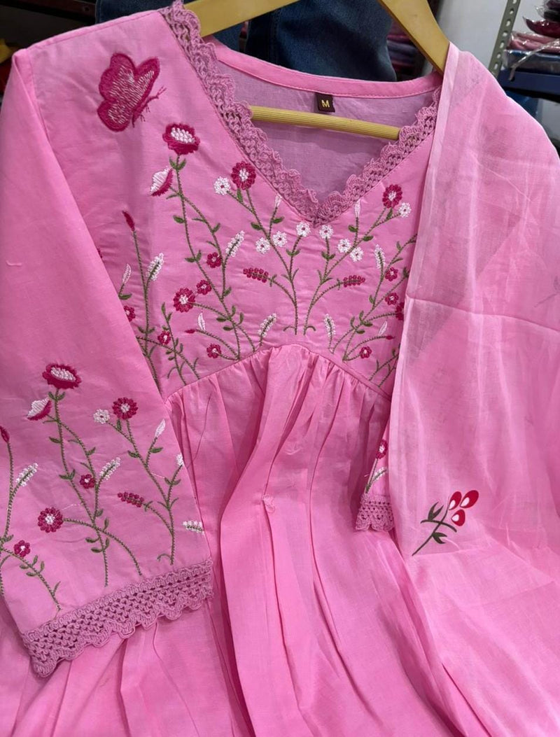 Premium Cotton Straight Fit with Embroidered Neckline kurti pant dupatta set