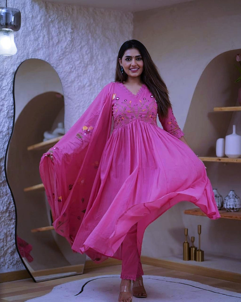 Premium Cotton Straight Fit with Embroidered Neckline kurti pant dupatta set