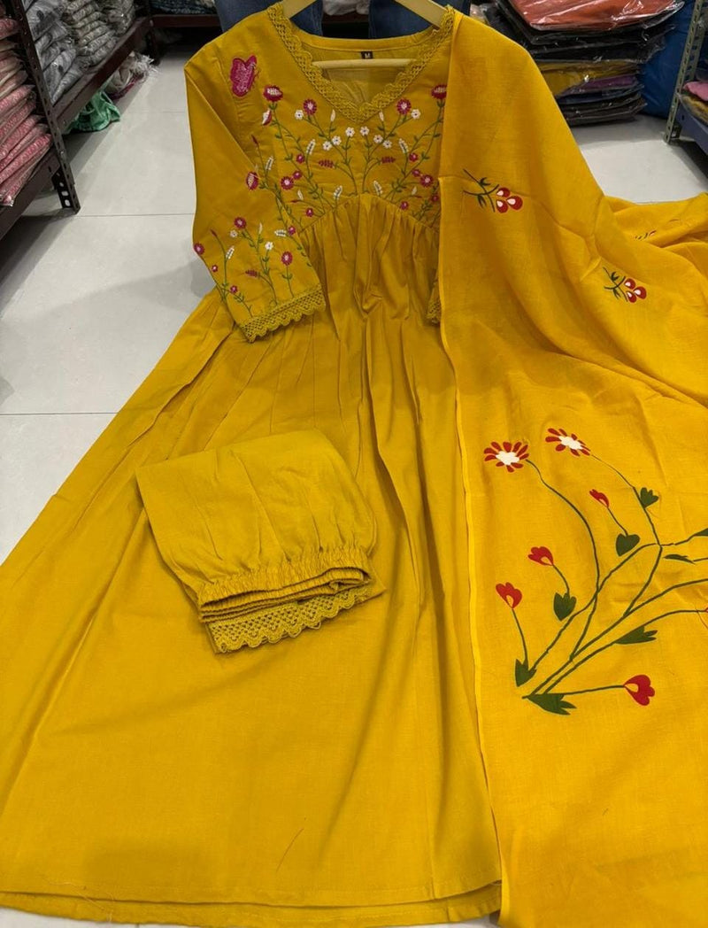 Premium Cotton Straight Fit with Embroidered Neckline kurti pant dupatta set
