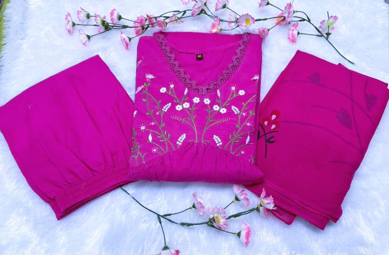 Premium Cotton Straight Fit with Embroidered Neckline kurti pant dupatta set