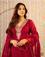 Premium Soft Roman Silk Fabric Kurti Pant Dupatta Set