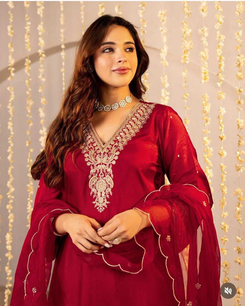 Premium Soft Roman Silk Fabric Kurti Pant Dupatta Set