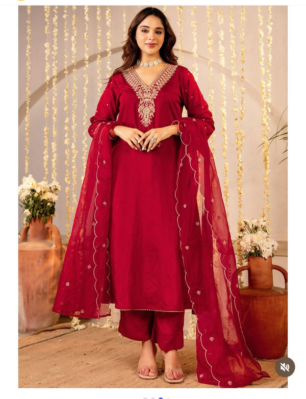 Premium Soft Roman Silk Fabric Kurti Pant Dupatta Set