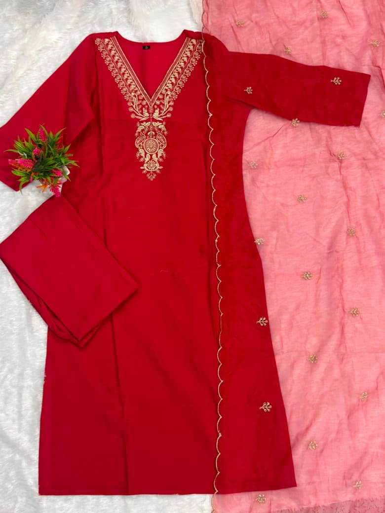 Premium Soft Roman Silk Fabric Kurti Pant Dupatta Set