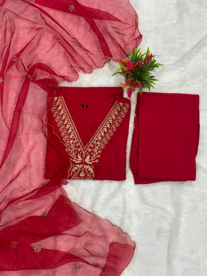 Premium Soft Roman Silk Fabric Kurti Pant Dupatta Set