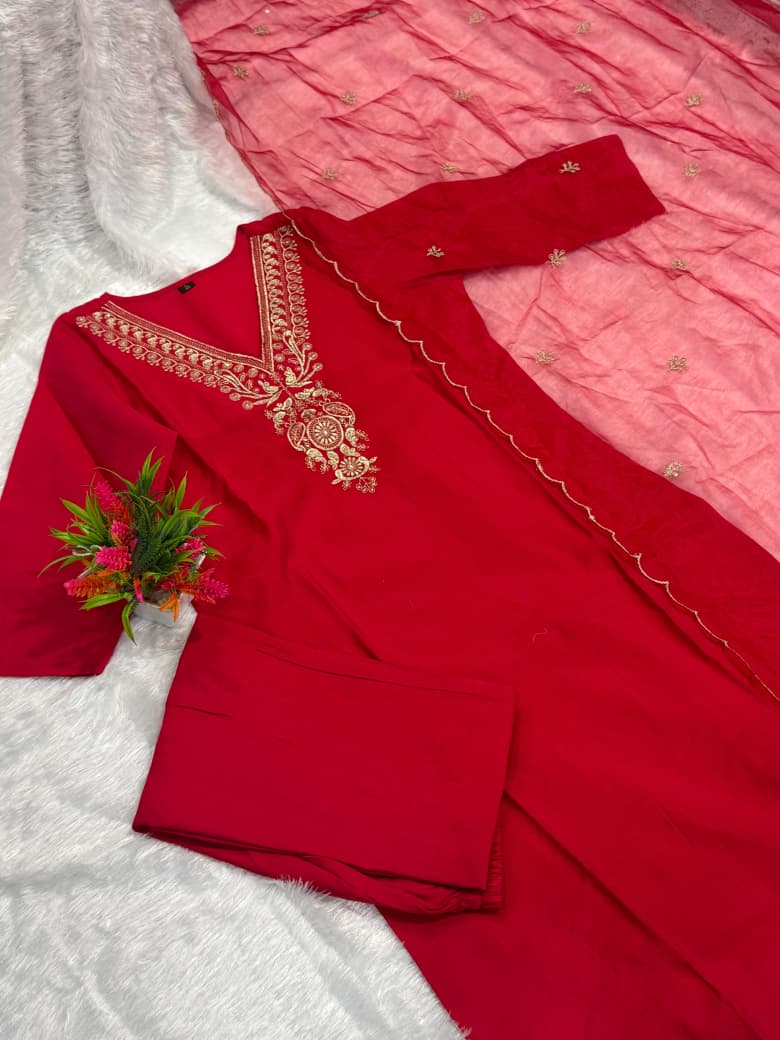 Premium Soft Roman Silk Fabric Kurti Pant Dupatta Set
