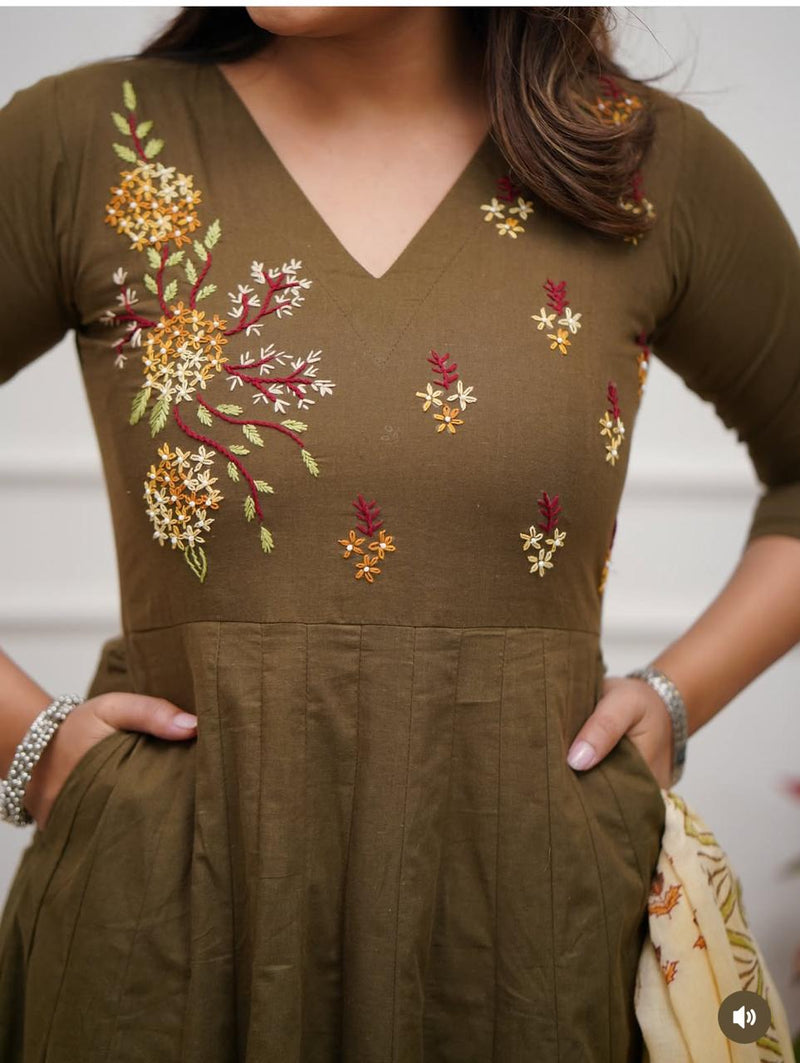 Pure Cotton Colorful Embroidery on Neckline kurti pant duptta set