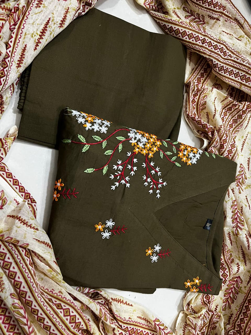 Pure Cotton Colorful Embroidery on Neckline kurti pant duptta set