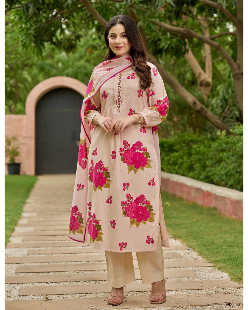 Heavy Pure Cotton fully embroidered kurti pant dupatta set