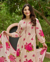 Heavy Pure Cotton fully embroidered kurti pant dupatta set