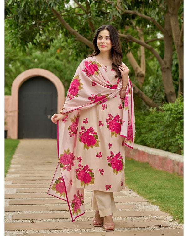 Heavy Pure Cotton fully embroidered kurti pant dupatta set