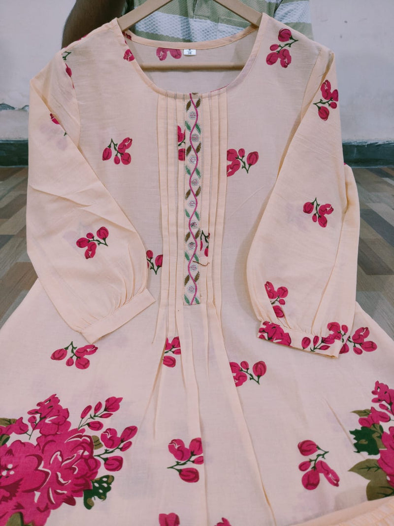 Heavy Pure Cotton fully embroidered kurti pant dupatta set